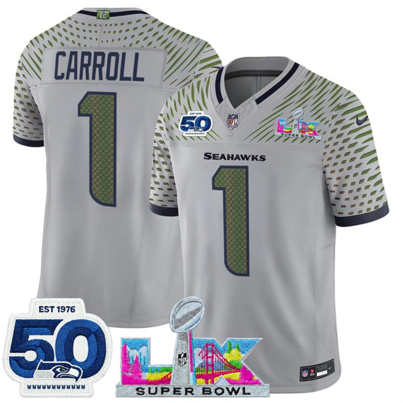 Men's Seattle Seahawks #1 Pete Carroll Grey 2025 F.U.S.E. Super Bowl LX Patch And 50th Season Patch “Rivalries” Vapor Limited Stitched Football Jersey Men's Seattle Seahawks #1 Pete Carroll Grey 2025 F.U.S.E. Super Bowl LX Patch And 50th Season Patch “Rivalries” Vapor Limited Stitched Football Jersey