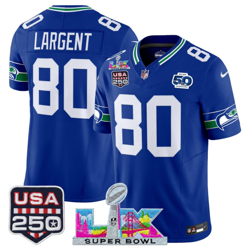 Men's Seattle Seahawks #80 Steve Largent Royal 2025 F.U.S.E. Super Bowl LX Patch And 50th Season & USA 250' Patch Vapor Throwback Limited Stitched Football Jersey Men's Seattle Seahawks #80 Steve Largent Royal 2025 F.U.S.E. Super Bowl LX Patch And 50th Season & USA 250' Patch Vapor Throwback Limited Stitched Football Jersey