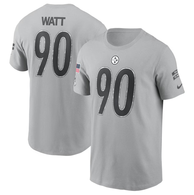 Men's Pittsburgh Steelers #90 T.J. Watt 2024 Gray Salute To Service Name & Number T-Shirt Men's Pittsburgh Steelers #90 T.J. Watt 2024 Gray Salute To Service Name & Number T-Shirt