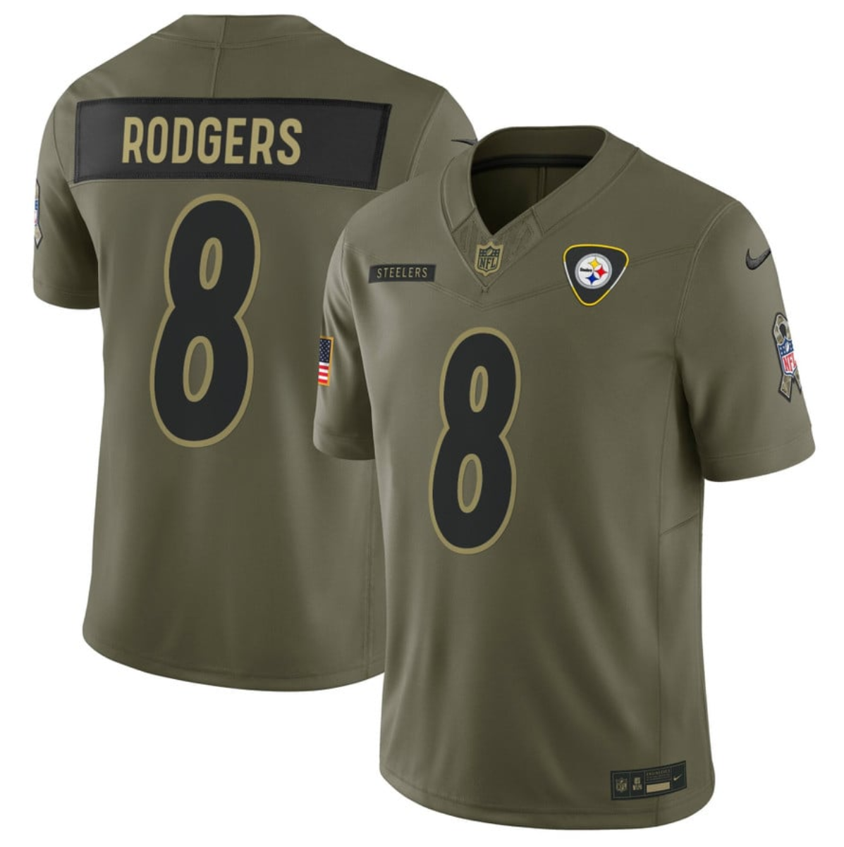 Men's Pittsburgh Steelers #8 Aaron Rodgers Olive 2025 F.U.S.E. Salute to Service Limited Stitched Football Jersey Men's Pittsburgh Steelers #8 Aaron Rodgers Olive 2025 F.U.S.E. Salute to Service Limited Stitched Football Jersey