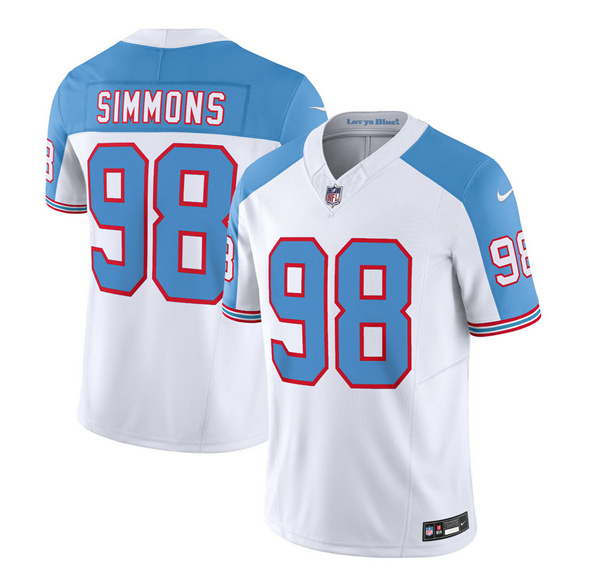 Men's Tennessee Titans #98 Jeffery Simmons White/Blue 2023 F.U.S.E. Vapor Limited Throwback Stitched Football Jersey Men's Tennessee Titans #98 Jeffery Simmons White/Blue 2023 F.U.S.E. Vapor Limited Throwback Stitched Football Jersey