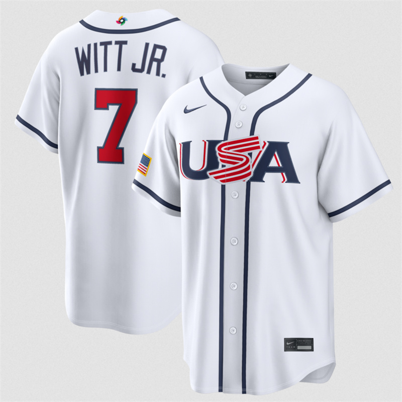 Men's USA Baseball #7 Bobby Witt Jr. White 2026 World Baseball Classic Home Stadium Stitched Jersey Men's USA Baseball #7 Bobby Witt Jr. White 2026 World Baseball Classic Home Stadium Stitched Jersey