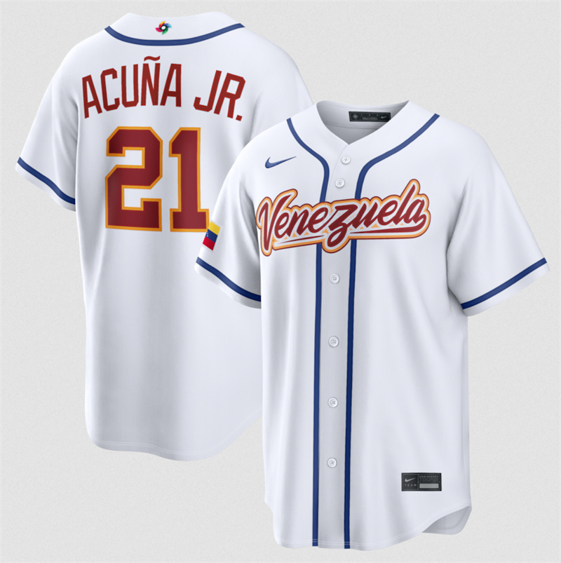 Men's Venezuela Baseball #21 Ronald Acuña Jr. White 2026 World Baseball Classic Home Stadium Stitched Jersey Men's Venezuela Baseball #21 Ronald Acuña Jr. White 2026 World Baseball Classic Home Stadium Stitched Jersey