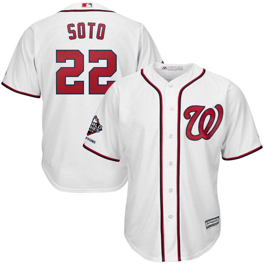 Washington Nationals #22 Juan Soto Majestic 2019 World Series Champions Home Official Cool Base Bar Patch Player Jersey White Washington Nationals #22 Juan Soto Majestic 2019 World Series Champions Home Official Cool Base Bar Patch Player Jersey White