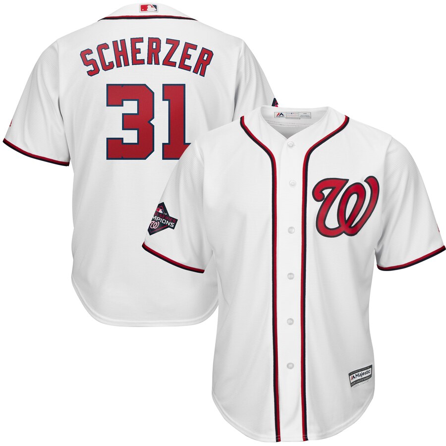 Washington Nationals #31 Max Scherzer Majestic 2019 World Series Champions Home Cool Base Patch Player Jersey White Washington Nationals #31 Max Scherzer Majestic 2019 World Series Champions Home Cool Base Patch Player Jersey White