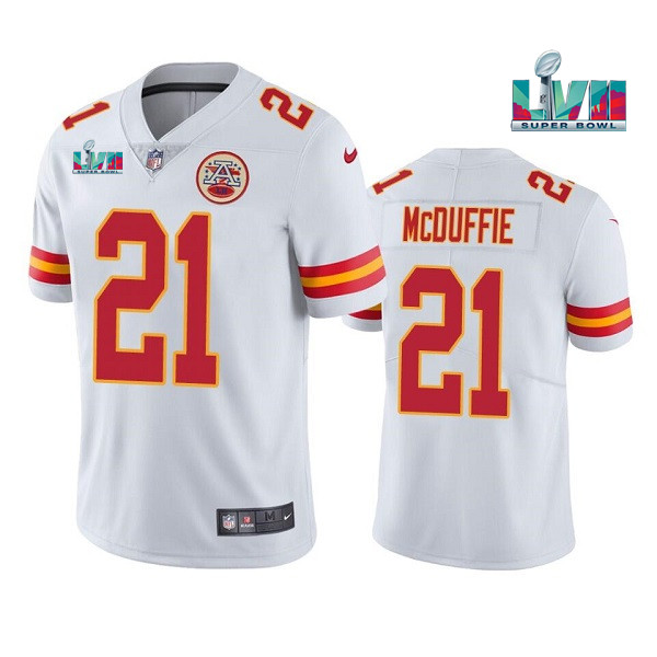 Men’s Kansas City Chiefs #21 Trent McDuffie White Super Bowl LVII Patch Vapor Untouchable Limited Stitched Jersey Men’s Kansas City Chiefs #21 Trent McDuffie White Super Bowl LVII Patch Vapor Untouchable Limited Stitched Jersey