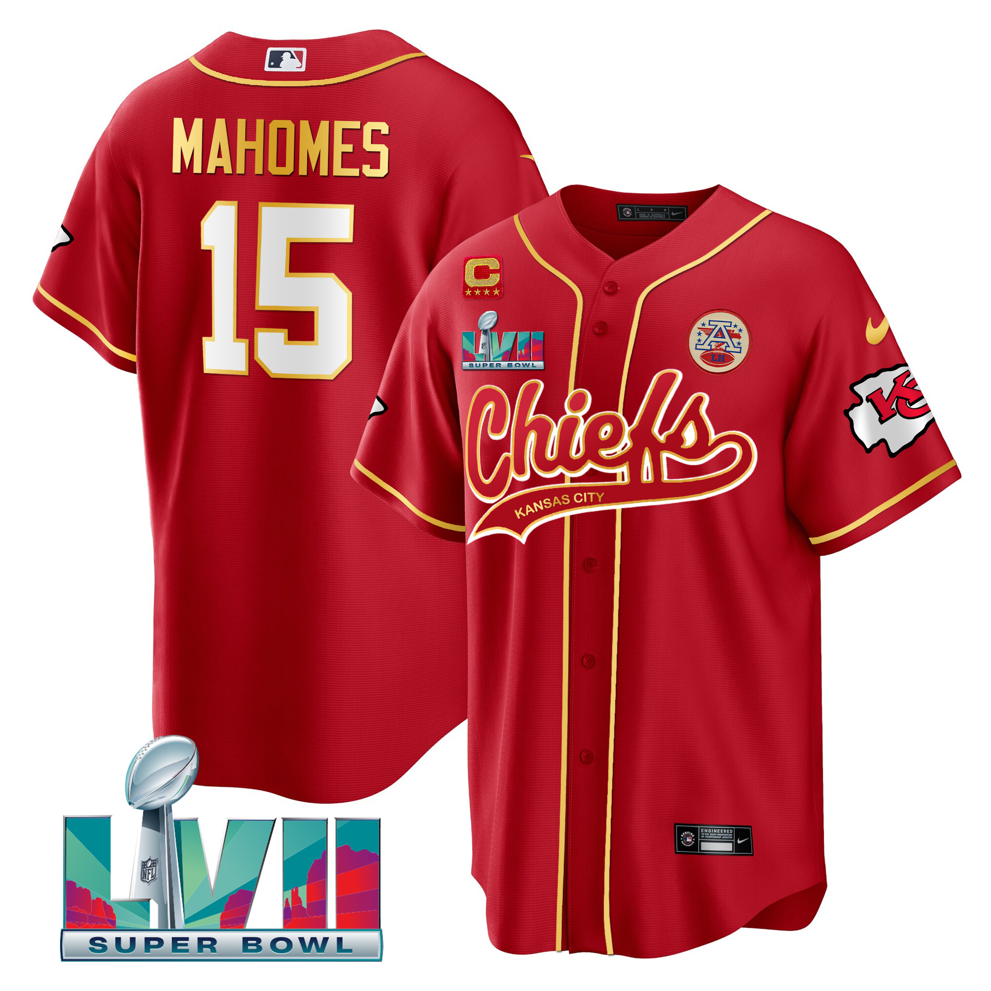 Men’s Kansas City Chiefs #15 Patrick Mahomes Red With 4-star C Patch And Super Bowl LVII Patch Cool Bae Stitched Baseball Jersey Men’s Kansas City Chiefs #15 Patrick Mahomes Red With 4-star C Patch And Super Bowl LVII Patch Cool Bae Stitched Baseball Jersey