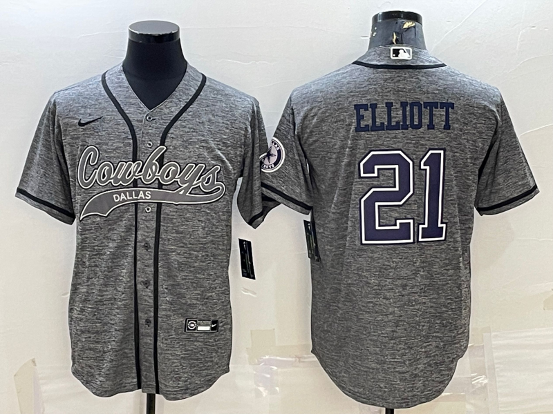 Men's Dallas Cowboys #21 Ezekiel Elliott Grey With Patch Cool Base Stitched Baseball Jersey Men's Dallas Cowboys #21 Ezekiel Elliott Grey With Patch Cool Base Stitched Baseball Jersey