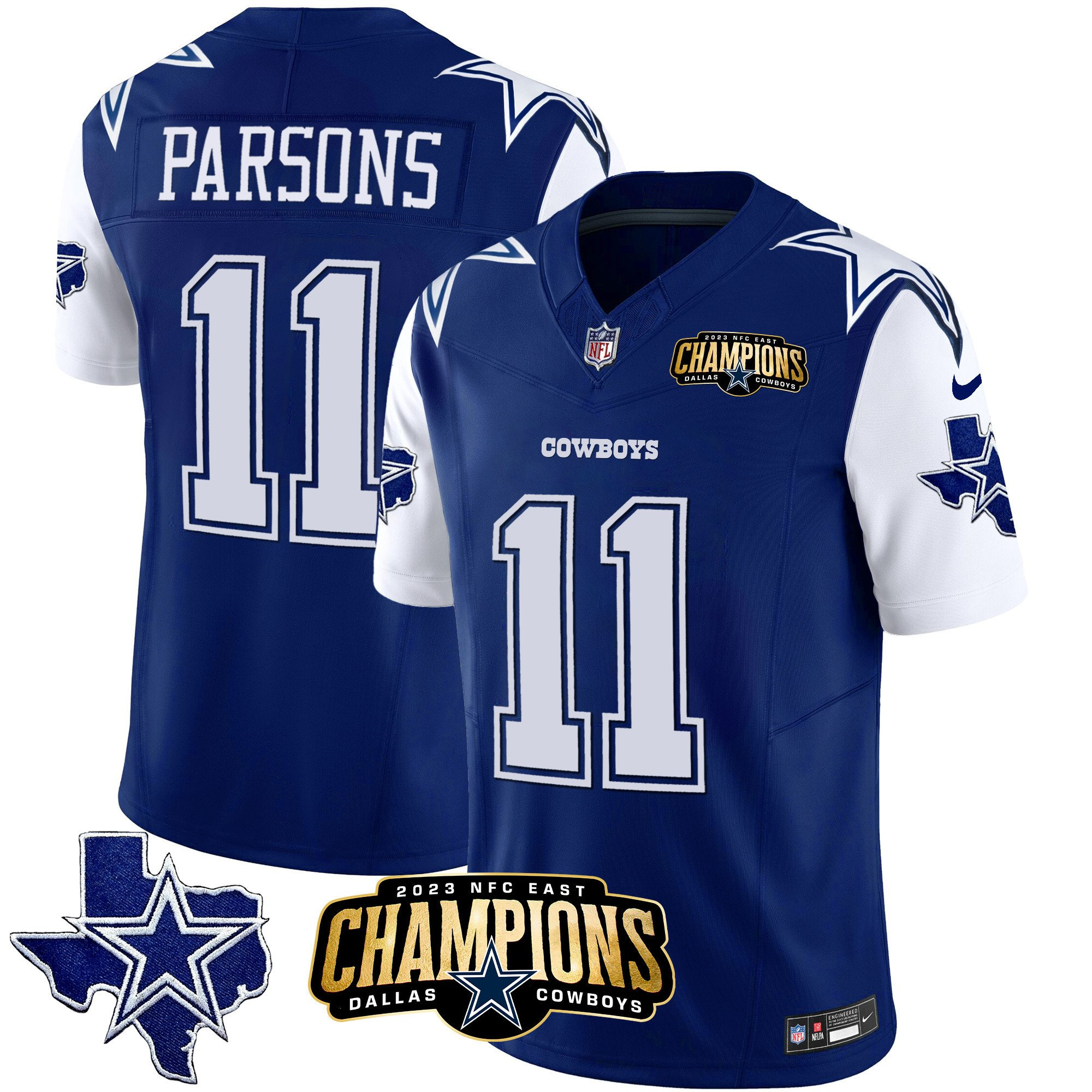 Men's Dallas Cowboys #11 Micah Parsons Blue/White 2023 F.U.S.E. NFC East Champions Patch Stitched Football Jersey Men's Dallas Cowboys #11 Micah Parsons Blue/White 2023 F.U.S.E. NFC East Champions Patch Stitched Football Jersey