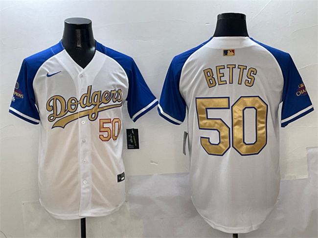 Men's Los Angeles Dodgers #50 Mookie Betts White/Royal/Gold 2024 World Series Champions Vapor Limited Stitched Baseball Jersey Men's Los Angeles Dodgers #50 Mookie Betts White/Royal/Gold 2024 World Series Champions Vapor Limited Stitched Baseball Jersey