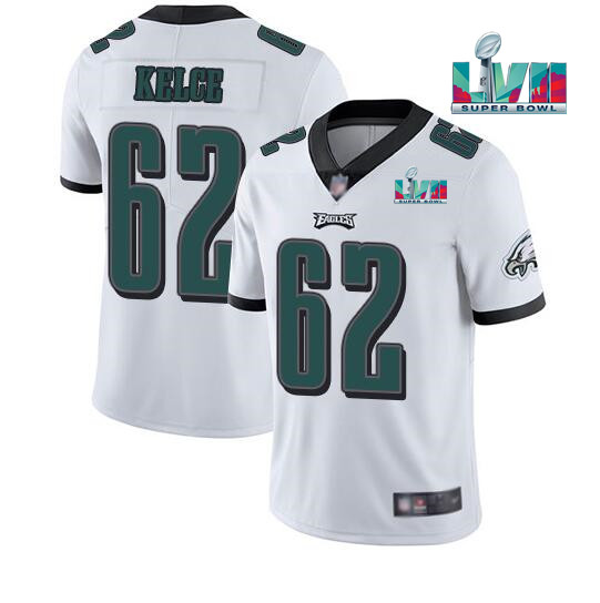 Men's Philadelphia Eagles #62 Jason Kelce White Super Bowl LVII Patch Vapor Untouchable Limited Stitched Jersey Men's Philadelphia Eagles #62 Jason Kelce White Super Bowl LVII Patch Vapor Untouchable Limited Stitched Jersey