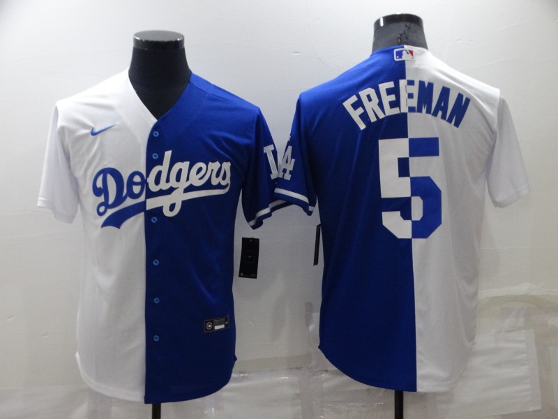 Men's Los Angeles Dodgers #5 Freddie Freeman White/Blue Split Cool Base Stitched Baseball Jersey Men's Los Angeles Dodgers #5 Freddie Freeman White/Blue Split Cool Base Stitched Baseball Jersey