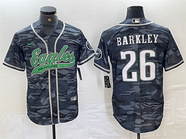 Men's Philadelphia Eagles #26 Saquon Barkley Grey Camo Cool Base Stitched Baseball Jersey Men's Philadelphia Eagles #26 Saquon Barkley Grey Camo Cool Base Stitched Baseball Jersey