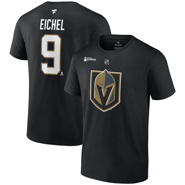 Men's Vegas Golden Knights #9 Jack Eichel Black 2023 Stanley Cup Champions Name & Number T-Shirt Men's Vegas Golden Knights #9 Jack Eichel Black 2023 Stanley Cup Champions Name & Number T-Shirt