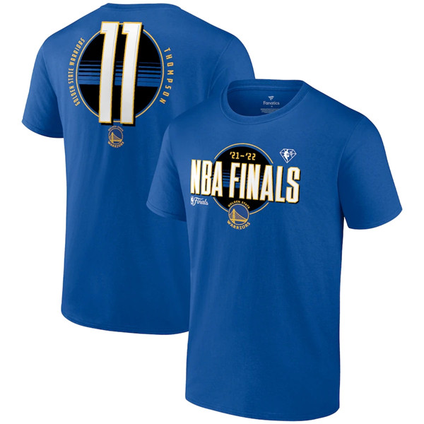 Men's Golden State Warriors #11 Klay Thompson 2022 Royal NBA Finals Name & Number T-Shirt Men's Golden State Warriors #11 Klay Thompson 2022 Royal NBA Finals Name & Number T-Shirt