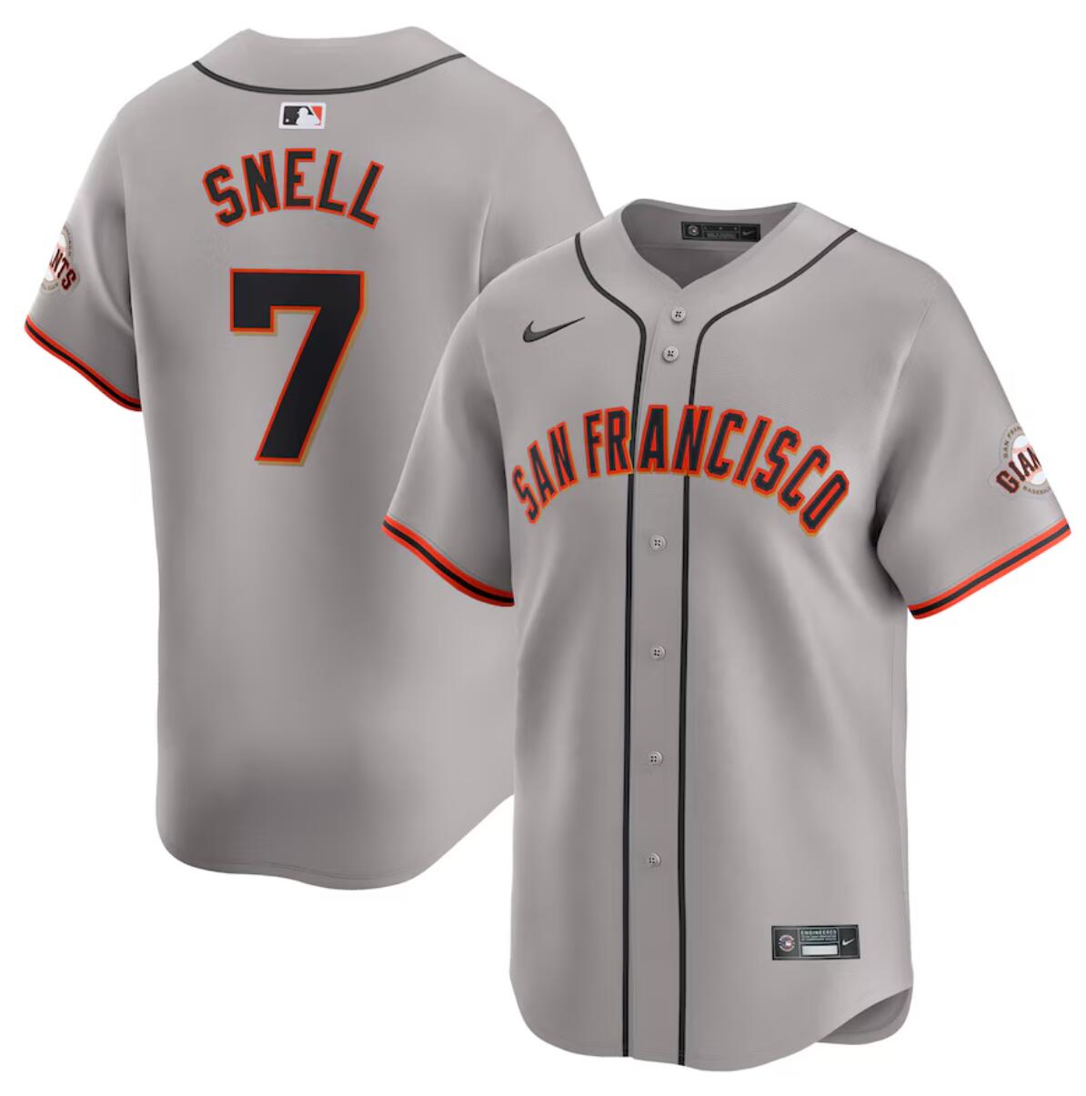 Men's San Francisco Giants #7 Blake Snell Grey Away Limited Stitched Baseball Jersey Men's San Francisco Giants #7 Blake Snell Grey Away Limited Stitched Baseball Jersey