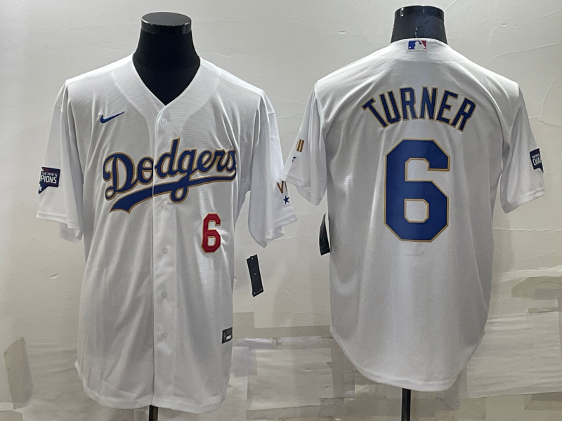 Men's Los Angeles Dodgers #6 Trea Turner White Gold Championship Cool Base Stitched Baseball Jersey Men's Los Angeles Dodgers #6 Trea Turner White Gold Championship Cool Base Stitched Baseball Jersey