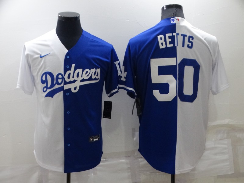 Men's Los Angeles Dodgers #50 Mookie Betts White/Blue Split Cool Base Stitched Baseball Jersey Men's Los Angeles Dodgers #50 Mookie Betts White/Blue Split Cool Base Stitched Baseball Jersey