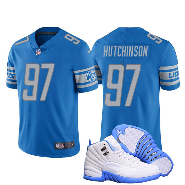 Men's Detroit Lions #97 Aidan Hutchinson Blue Stitched Jersey + AJ 12 Shoes Men's Detroit Lions #97 Aidan Hutchinson Blue Stitched Jersey + AJ 12 Shoes