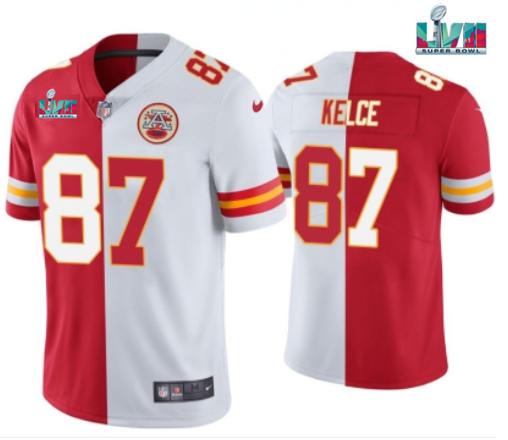 Men's Kansas City Chiefs #87 Travis Kelce Red & White Split Super Bowl LVII Patch Limited Stitched Jersey Men's Kansas City Chiefs #87 Travis Kelce Red & White Split Super Bowl LVII Patch Limited Stitched Jersey