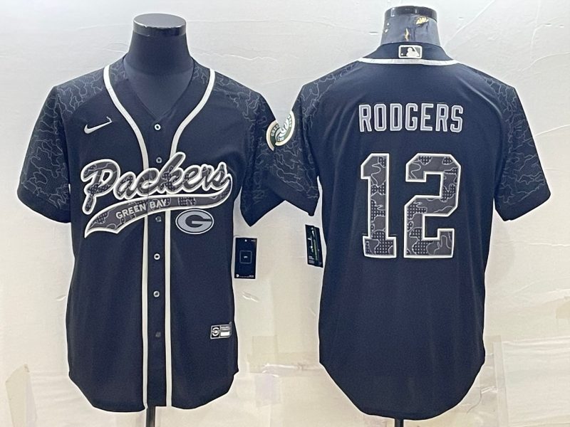 Men's Green Bay Packers #12 Aaron Rodgers Black Reflective With Patch Cool Base Stitched Baseball Jersey Men's Green Bay Packers #12 Aaron Rodgers Black Reflective With Patch Cool Base Stitched Baseball Jersey