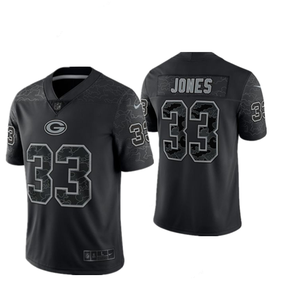 Men's Green Bay Packers #33 Aaron Jones Black Reflective Limited Stitched Football Jersey Men's Green Bay Packers #33 Aaron Jones Black Reflective Limited Stitched Football Jersey
