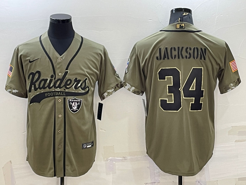 Men's Las Vegas Raiders #34 Bo Jackson 2022 Olive Salute to Service Cool Base Stitched Baseball Jersey Men's Las Vegas Raiders #34 Bo Jackson 2022 Olive Salute to Service Cool Base Stitched Baseball Jersey