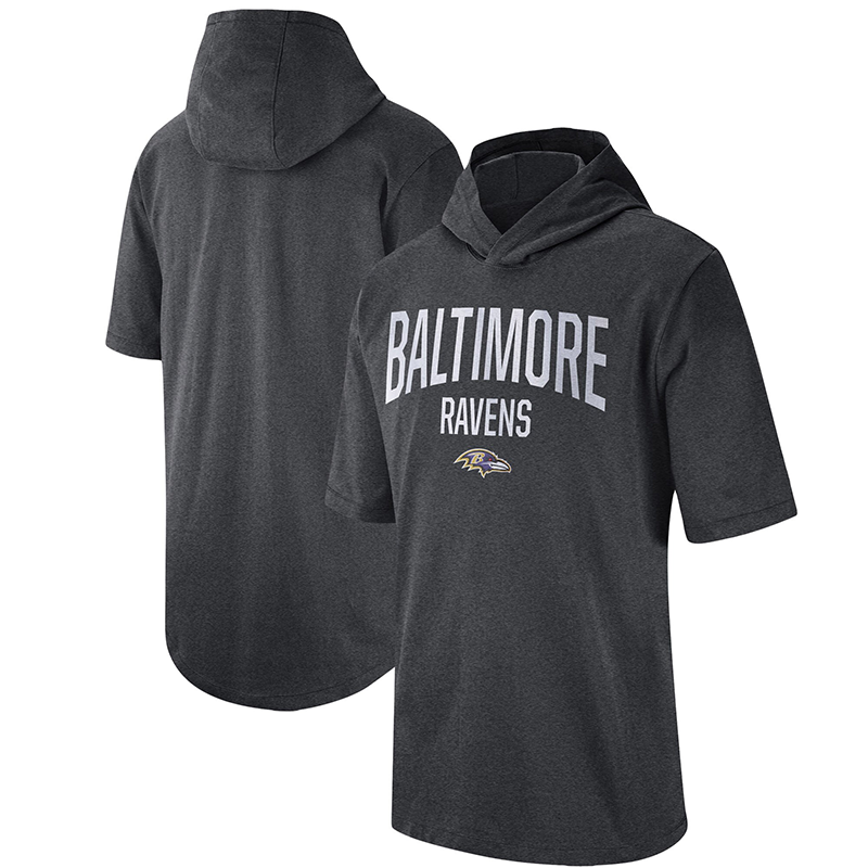 Men's Baltimore Ravens Heathered Charcoal Sideline Training Hooded Performance T-Shirt Men's Baltimore Ravens Heathered Charcoal Sideline Training Hooded Performance T-Shirt
