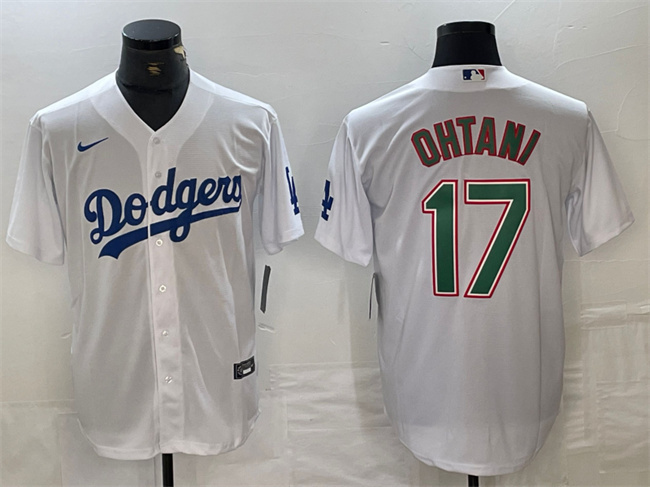 Men's Los Angeles Dodgers #17 Shohei Ohtani Stitched White/Green Cool Base Baseball Jersey Men's Los Angeles Dodgers #17 Shohei Ohtani Stitched White/Green Cool Base Baseball Jersey
