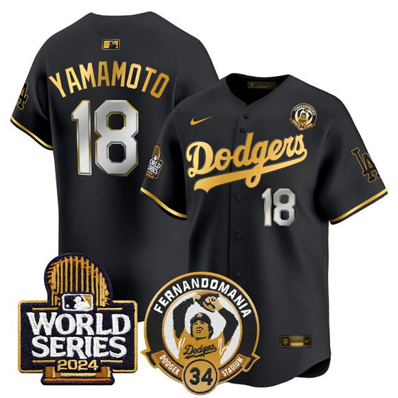 Men's Los Angeles Dodgers #18 Yoshinobu Yamamoto Black Gold Fernando Valenzuela & 2024 World Series Patch Limited Stitched Baseball Jersey Men's Los Angeles Dodgers #18 Yoshinobu Yamamoto Black Gold Fernando Valenzuela & 2024 World Series Patch Limited Stitched Baseball Jersey