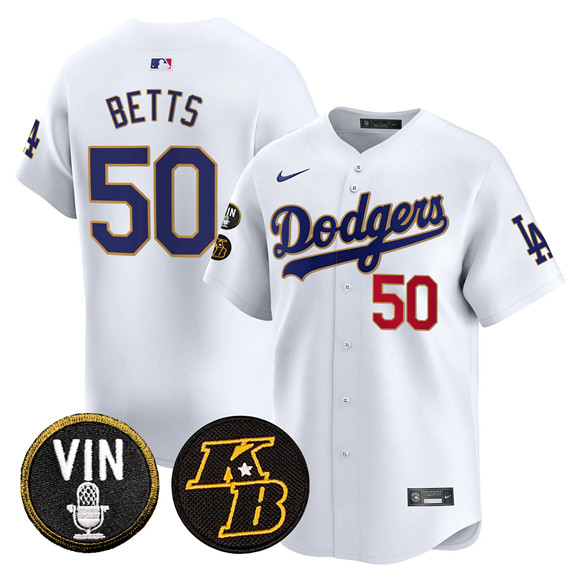 Men's Los Angeles Dodgers #50 Mookie Betts White 2026 Vin & Kobe Patch Gold Trim Vapor Premier Limited Stitched Baseball Jersey Men's Los Angeles Dodgers #50 Mookie Betts White 2026 Vin & Kobe Patch Gold Trim Vapor Premier Limited Stitched Baseball Jersey