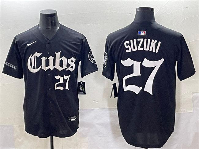 Men's Chicago Cubs #27 Seiya Suzuki Black 'Gothic North Side Edition' Vapor Premier Limited Stitched Baseball Jersey Men's Chicago Cubs #27 Seiya Suzuki Black 'Gothic North Side Edition' Vapor Premier Limited Stitched Baseball Jersey