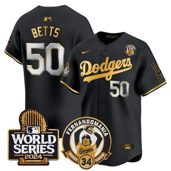 Men's Los Angeles Dodgers #50 Mookie Betts Black Gold Fernando Valenzuela & 2024 World Series Patch Limited Stitched Baseball Jersey Men's Los Angeles Dodgers #50 Mookie Betts Black Gold Fernando Valenzuela & 2024 World Series Patch Limited Stitched Baseball Jersey