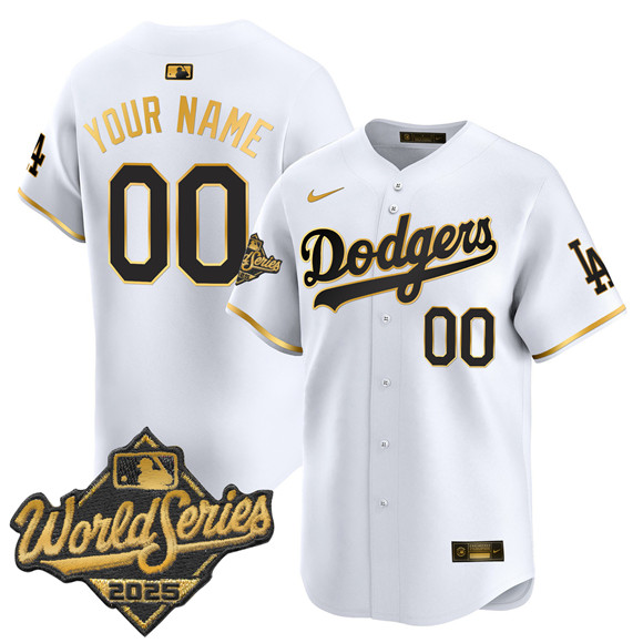 Men's Los Angeles Dodgers ACTIVE PLAYER Custom White Gold 2025 World Series Gold Trim Vapor Premier Limited Stitched Baseball Jersey