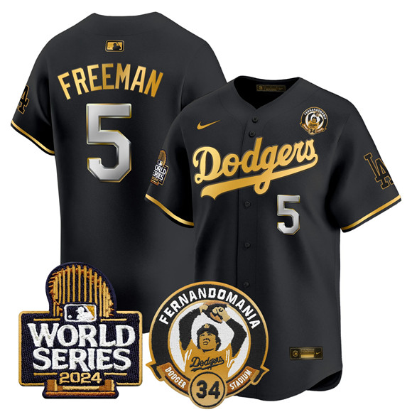 Men's Los Angeles Dodgers #5 Freddie Freeman Black Gold Fernando Valenzuela & 2024 World Series Patch Limited Stitched Baseball Jersey Men's Los Angeles Dodgers #5 Freddie Freeman Black Gold Fernando Valenzuela & 2024 World Series Patch Limited Stitched Baseball Jersey