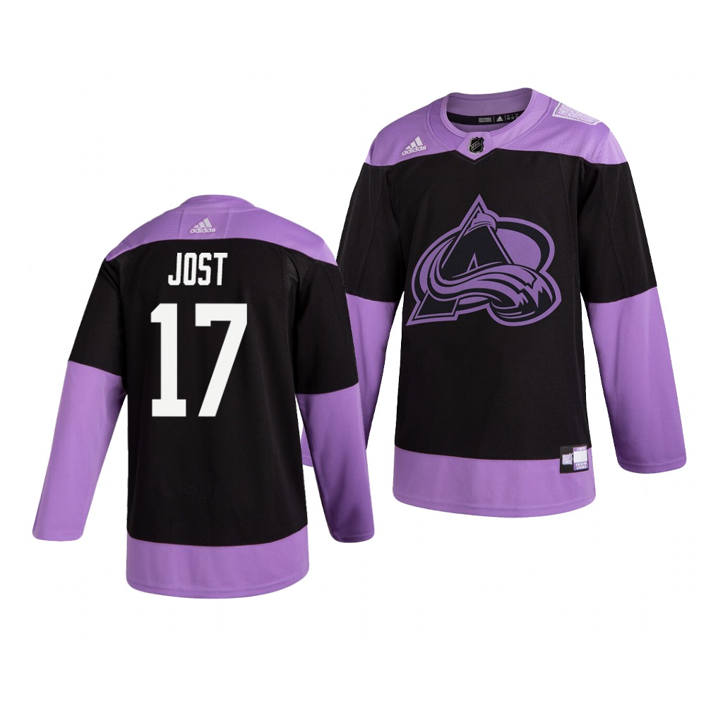 Colorado Avalanche #17 Tyson Jost Adidas Men's Hockey Fights Cancer Practice NHL Jersey Black Colorado Avalanche #17 Tyson Jost Adidas Men's Hockey Fights Cancer Practice NHL Jersey Black