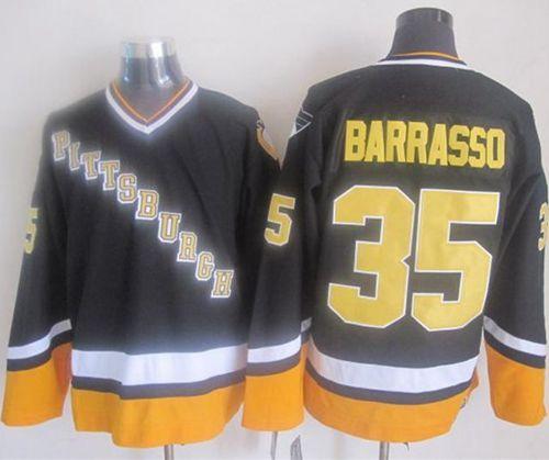 Penguins #35 Tom Barrasso Black/Yellow CCM Throwback Stitched NHL Jersey Penguins #35 Tom Barrasso Black/Yellow CCM Throwback Stitched NHL Jersey
