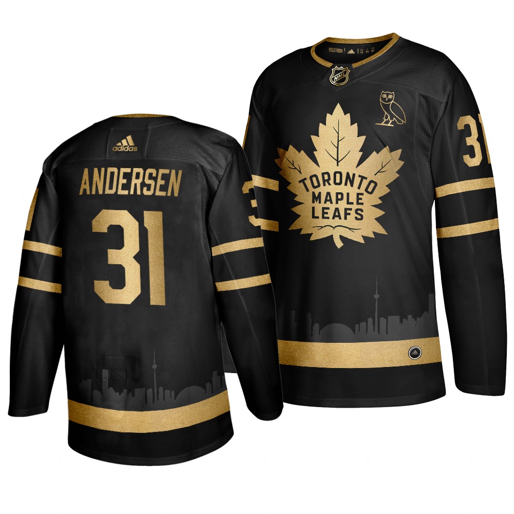 Adidas Maple Leafs #31 Frederik Andersen Men's 2019 Black Golden Edition OVO Branded Stitched NHL Jersey Adidas Maple Leafs #31 Frederik Andersen Men's 2019 Black Golden Edition OVO Branded Stitched NHL Jersey