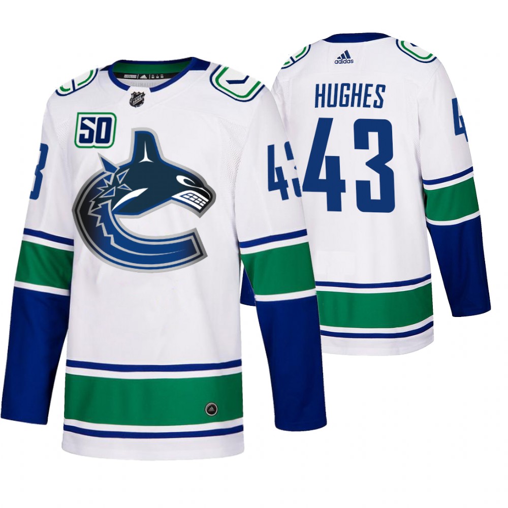 Vancouver Canucks #43 Quinn Hughes 50th Anniversary Men's White 2019-20 Away Authentic NHL Jersey Vancouver Canucks #43 Quinn Hughes 50th Anniversary Men's White 2019-20 Away Authentic NHL Jersey