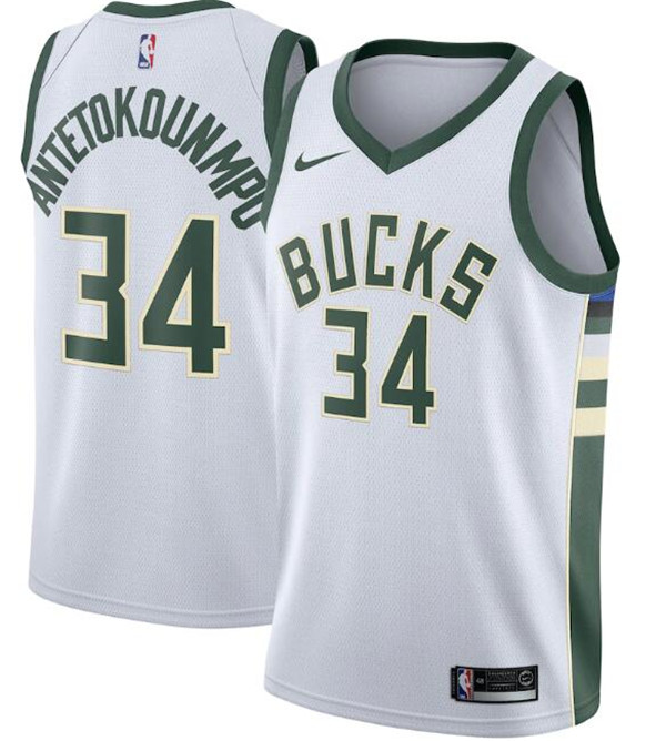 Men's Milwaukee Bucks #34 Giannis Antetokounmpo White NBA Association Edition Stitched Swingman Jersey Men's Milwaukee Bucks #34 Giannis Antetokounmpo White NBA Association Edition Stitched Swingman Jersey