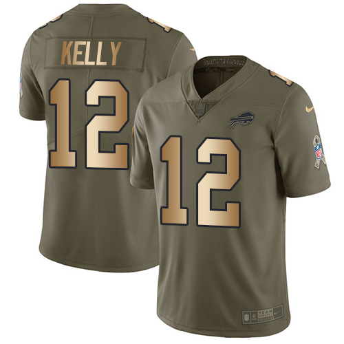 Nike Bills #12 Jim Kelly Olive/Gold Men's Stitched NFL Limited 2017 Salute To Service Jersey Nike Bills #12 Jim Kelly Olive/Gold Men's Stitched NFL Limited 2017 Salute To Service Jersey
