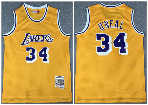 Men's Los Angeles Lakers #34 Shaquille O'Neal Gold Throwback Stitched Jersey Men's Los Angeles Lakers #34 Shaquille O'Neal Gold Throwback Stitched Jersey