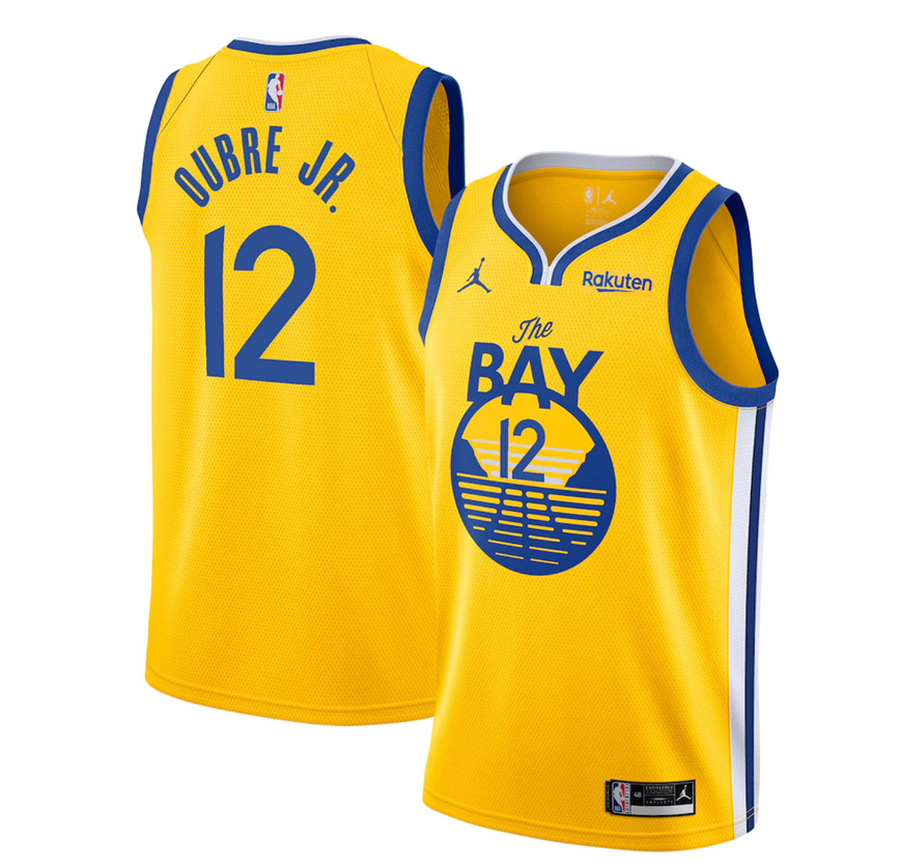 Men's Golden State Warriors #12 Kelly Oubre Jr. Gold NBA 2020/21 Swingman Badge Edition Stitched Jersey Men's Golden State Warriors #12 Kelly Oubre Jr. Gold NBA 2020/21 Swingman Badge Edition Stitched Jersey