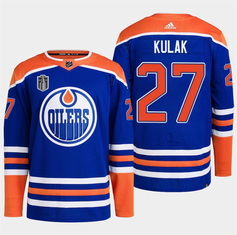 Men's Edmonton Oilers #27 Brett Kulak Royal 2024 Stanley Cup Final Patch Stitched Jersey Men's Edmonton Oilers #27 Brett Kulak Royal 2024 Stanley Cup Final Patch Stitched Jersey