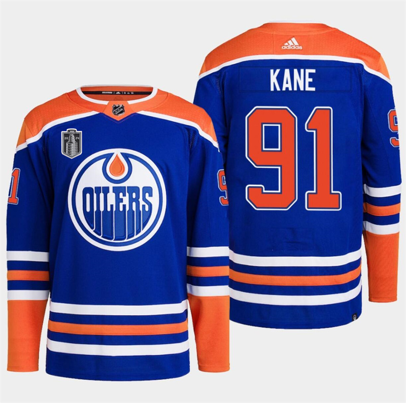 Men's Edmonton Oilers #91 Evander Kane Royal 2024 Stanley Cup Final Patch Stitched Jersey Men's Edmonton Oilers #91 Evander Kane Royal 2024 Stanley Cup Final Patch Stitched Jersey