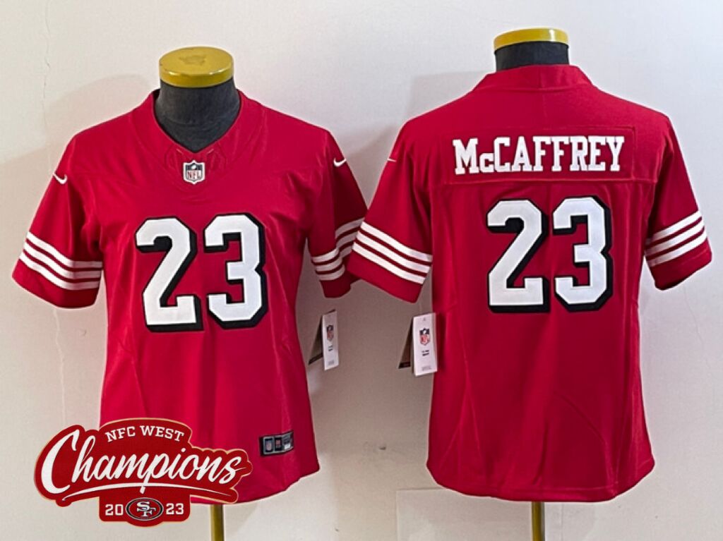Women's San Francisco 49ers #23 Christian McCaffrey New Red 2023 F.U.S.E. NFC West Champions Patch Vapor Untouchable Limited Stitched Jersey(Run Small) Women's San Francisco 49ers #23 Christian McCaffrey New Red 2023 F.U.S.E. NFC West Champions Patch Vapor Untouchable Limited Stitched Jersey(Run Small)