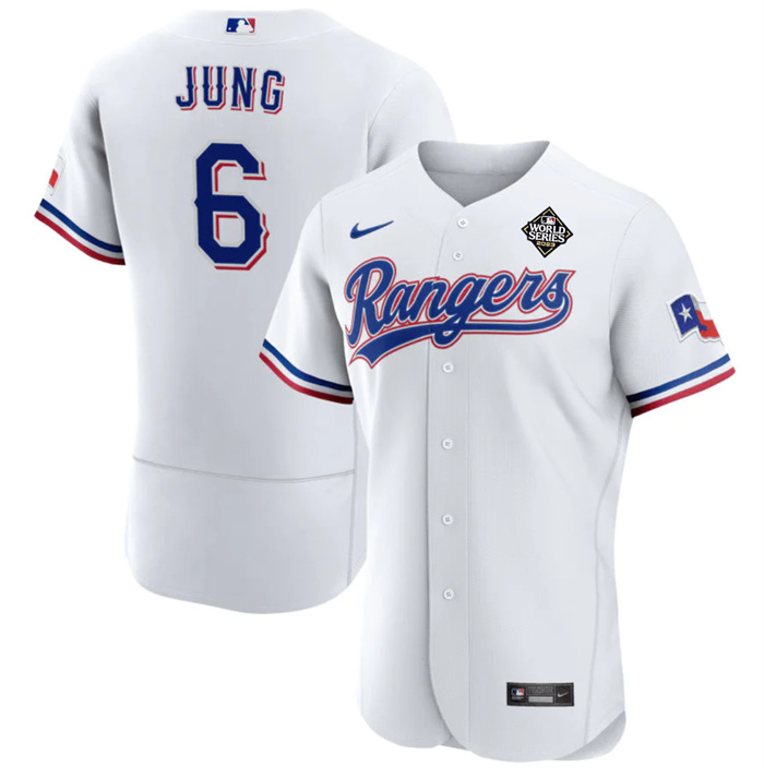 Men's Texas Rangers #6 Josh Jung White 2023 World Series Flex Base Stitched Baseball Jersey Men's Texas Rangers #6 Josh Jung White 2023 World Series Flex Base Stitched Baseball Jersey