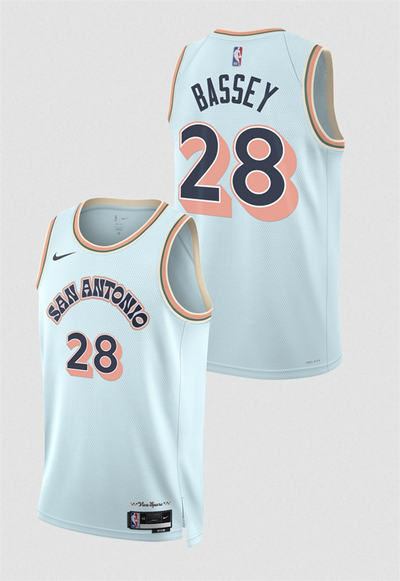 Men's San Antonio Spurs #28 Charles Bassey Light Blue 2024/25 City Edition Stitched Basketball Jersey Men's San Antonio Spurs #28 Charles Bassey Light Blue 2024/25 City Edition Stitched Basketball Jersey