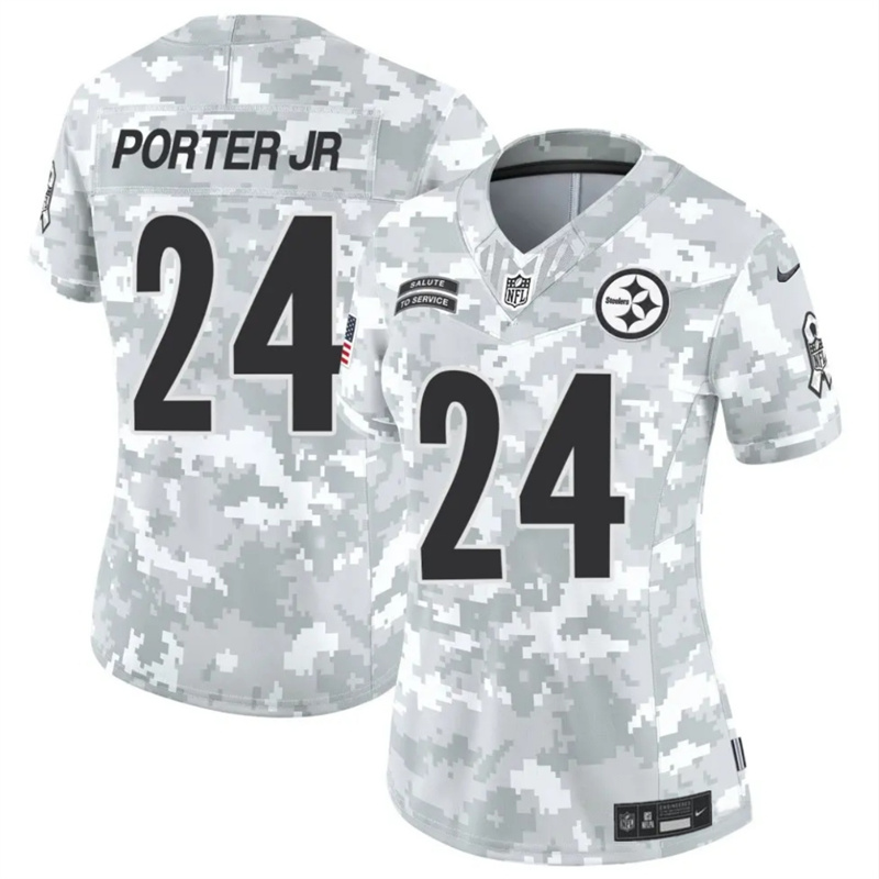 Women's Pittsburgh Steelers #24 Joey Porter Jr. 2024 F.U.S.E Arctic Camo Salute to Service Limited Stitched Football Jersey(Run Small) Women's Pittsburgh Steelers #24 Joey Porter Jr. 2024 F.U.S.E Arctic Camo Salute to Service Limited Stitched Football Jersey(Run Small)