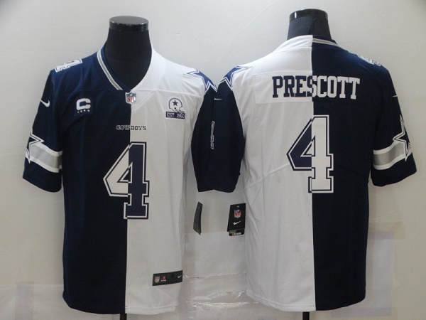 Men's Dallas Cowboys #4 Dak Prescott Navy White Split With C Patch Stitched Jersey